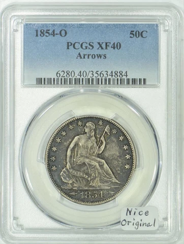 1854-O Arrows Seated Liberty Half Dollar PCGS XF-40; Nice Original Cover