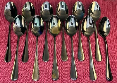 12 Soup Table Spoons Black Stainless Unknown Pattern Heavy Burnished Plain Round - Image 1 of 4