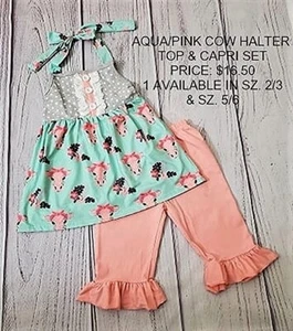 GIRLS EVERYDAY BOUTIQUE BOUTIQUE AQUA/PINK COW HALTER TOP & CAPRIS (6/7) - Picture 1 of 1