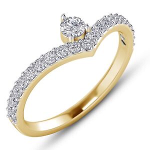0.34 Ct Round Cut Real Diamond V shape Curved Engagement Ring For Women 14K Gold