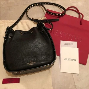 VALENTINO GARAVANI Rockstuds Leather Drawstring Shoulder Bag Black Gold Used - Picture 1 of 9