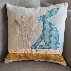 Hare Cushion Cover 40cm, Hand Embroidered & Appliquéd + Duck Feather Inner. - Picture 1 of 7
