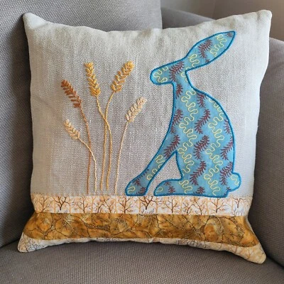 Hare Cushion Cover 40cm, Hand Embroidered & Appliquéd + Duck Feather Inner. - Image 1 of 4