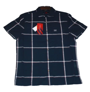 mens PERRY ELLIS short sleeve button up shirt dark blue plaid L 44 NWT $69 - Picture 1 of 5
