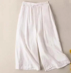 Straight Leg Wide Capri Pants Cotton Linen Blend Women Breathable Trousers - Picture 1 of 11