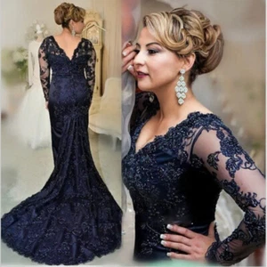 Navy Mermaid Lace Mother Of the Bride Dresses Long Sleeves Formal Evening Gowns - Picture 1 of 12
