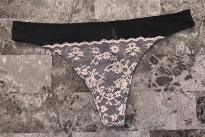 NWT VICTORIA'S SECRET LARGE BLACK PINK FLORAL LACE MESH RARE THONG PANTIES - Image 1 of 4