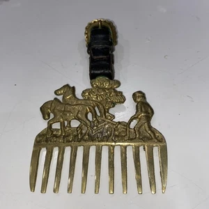 Vintage Messing Breitzahn Pferdekamm mit Lederriemen - Bauer & Pflug Pferde - Bild 1 von 8