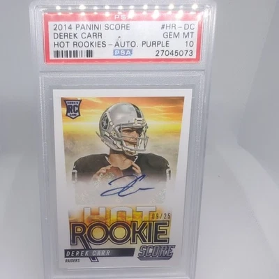 2014  Score Derek Carr Hot Rookies RC Auto /25 Purple PSA 10  - Image 1 of 3