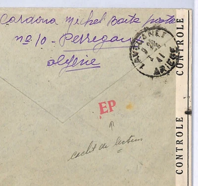 ALGERIA WW2 Air Mail 2f Cover Perregaux Oran 1941 Censor Red *EP* Cachet WX282 - Image 1 of 4