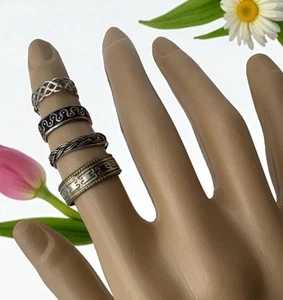 Silver Tone Toe Rings Set Of 4 Engraved & Braided Designs Adjustable Boho - Picture 1 of 7