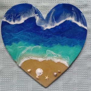 Wood Heart Beach Ocean Waves Wall Art Home Decor 11.5”Lx11”W Tropicaly Creations - Picture 1 of 8