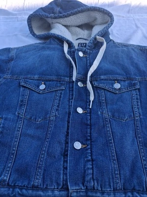 Gap Hooded Denim Crop Jacket  Size M Fleece Lined  Button Closure Drawstring... - Image 1 of 4