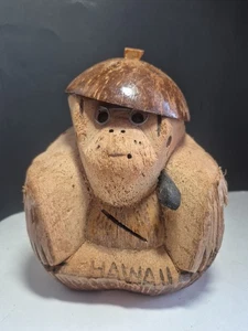 Vintage Hawaii Hand-carved Coconut Monkey w/glasses Coin Bank, Tiki Bar Novelty. - Picture 1 of 8