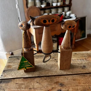Vintage Mid-Century Wooden Bar Set with Cats – Unused! – Corkscrew / Pourer etc. - Picture 1 of 5