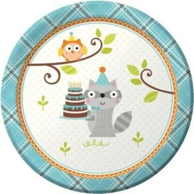 Happy Woodland Boy 7 Inch Paper Plates 8 Pack Owl Raccoon Birthday Tableware - Image 1 of 2