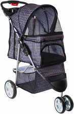 Pet Stroller Cat Dog 3 Wheel Jogger Travel Folding Carrier Plaid Blue