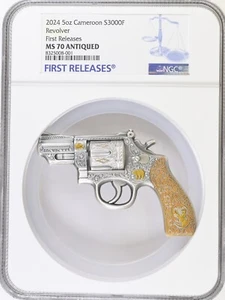 5 Oz Silver Coin 2024 Cameroon Revolver NGC MS 70 Antiqued First Releases - Picture 1 of 3