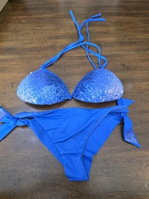 Nuevo sin etiquetas Bikini Calzedonia Colbey M Lentejuelas Azul Natación Top e Inferior 126501 Foto 1 de 2