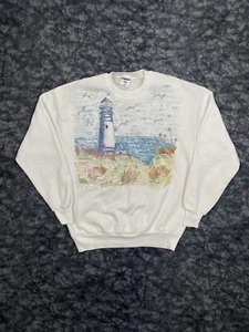 Vintage Handpainted Lighthouse Sweatshirt Mens Size XL White Nature Pullover 90s - Picture 1 of 8