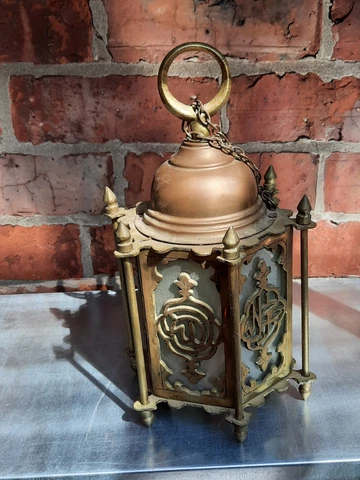 VINTAGE BRASS ARABIC SIX PANEL WITH GLASS CELING HANGING LIGHT SHADE RESTORATION Cover