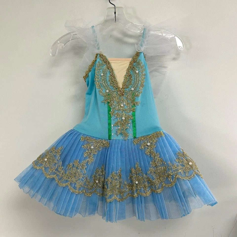 Vestido bailarina de tul adornado con perlas azules y doradas sin marca para niñas 8/10 Foto 1 de 4