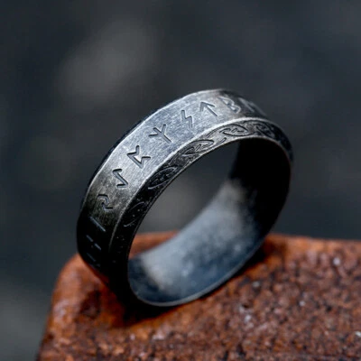 Vintage Viking Mystical Runes Ring Titanium Men's Women's Retro Wedding Band 8MM - Image 1 of 2