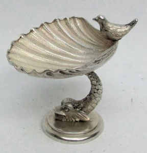 MARAVILLOSO PLATO DE SAL BAÑO PÁJARO PLATA DELFÍN ANTIGUO VINTAGE - Imagen 1 de 4