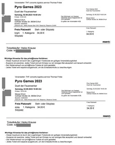 2 Tickets Pyro Games 2023 Erfurt, Sitzplatz, 1. Kategorie - Bild 1 von 1