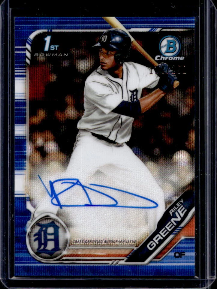 2019 Bowman Draft Riley Greene Chrome Blue Wave Refractor Auto #124/150 Tigers