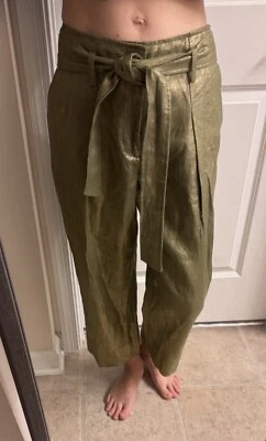 Lauren Ralph Lauren Dorado Metálico Crop Pierna Ancha Lino Pantalones Talla 4 Foto 1 de 4