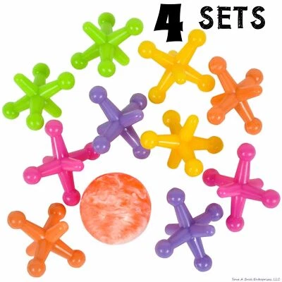 4 SETS - LARGE SIZE NEON JACKS AND RUBBER BOUNCE BALL GAME CLASSIC KIDS TOY - Image 1 of 3