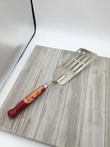 Vintage A&J Long Angled Spatula Slotted 12"  Red Wood Handle Chrome Plated - Picture 1 of 8