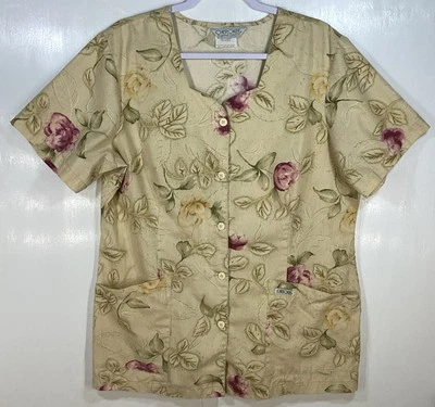 Scrub Top womens size L large Floral Button Front Flowers Roses by Cherokee - Image 1 of 4