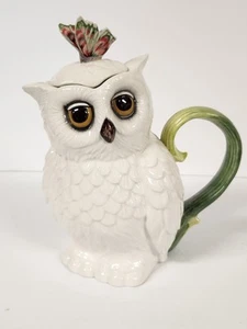 Fitz and Floyd Edie Rose Horne Collection White Owl Teapot w Butterfly Top - Picture 1 of 18