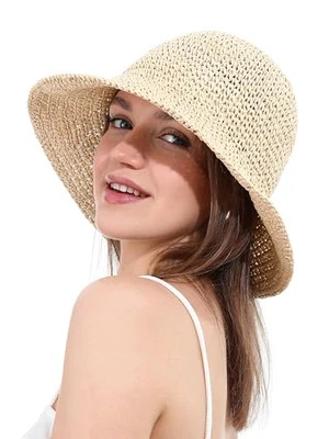 Sombrero de paja para mujer para sol ala ancha tejido a mano plegable sombrero cubo de playa para beige Foto 1 de 4