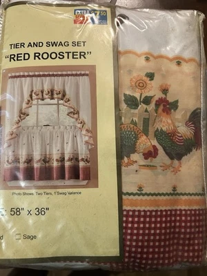 Juego de cortinas de cocina para gallo de ventana nivel y botín RED GALLO 58 x 36 Foto 1 de 4