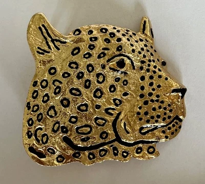 ВИНТАЖНЫЙ MIMI DI N ЛЕОПАРД ЗОЛОТОЙ МЕТАЛЛИЧЕСКИЙ ЧЕРНЫЙ ЭМАЛИ РЕМЕНЬ ПРЯЖКА НАДПИСЬ НОВОМ - Изображение 1 из 4