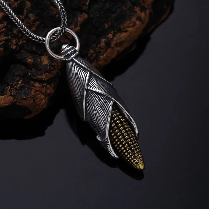925 Sterling Silver Good Harvest Corn Cob Necklace Pendant Farmer Maize Charm - Image 1 of 4