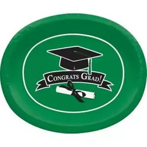 Graduation School Colors Green 12-Inch Oval Paper Plates 8 Pack Green Tableware - Picture 1 of 1