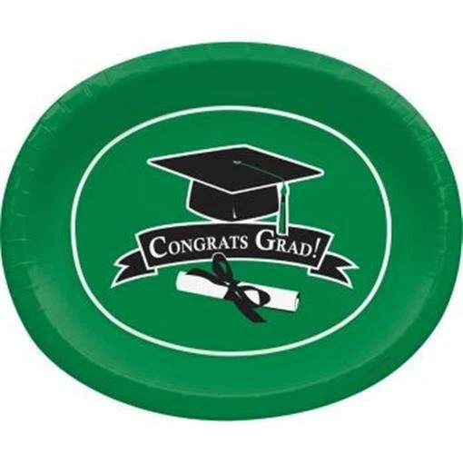 Graduation School Colors Green 12-Inch Oval Paper Plates 8 Pack Green Tableware - Image 1 of 1