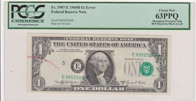 1969 D $1 MAJOR MISALIGNED OVERPRINT WITH BEP MARK SUPER RARE PCGS63 - Image 1 of 2