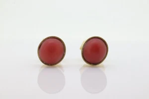 Coral Earrings. 14k Coral Orange STUD Earrings. Coral Cabochon Bezel set design - Picture 1 of 5