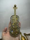 Lot Of Gold Violin Cello Ornaments (3) &amp; Golden Harp Ornaments (2) With Jewels