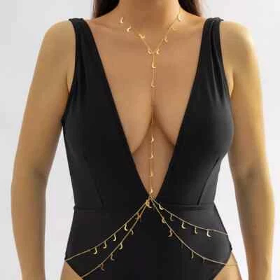 Lange Brustkette Schmuck Bikini Gold Anhänger Mond Breast Chain 72332 - Bild 1 von 3
