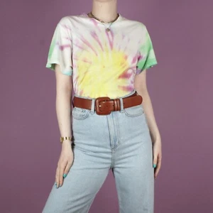 VINTAGE Tie-Dye Womens Pastel Yellow Boho Hippy Print 90s T-Shirt Tee Top S 10 - Picture 1 of 12
