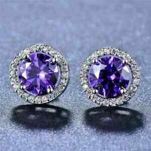 4.00Ct Round Cut Lab Created Amethyst Halo Stud Earrings 14K White Gold Plated