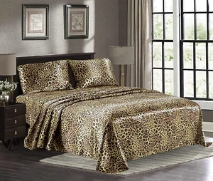 Gold Leopard Full Size Satin Silky Sheet Set With Pillowcase Microfiber  - Picture 1 of 5