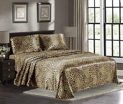 Gold Leopard Full Size Satin Silky Sheet Set With Pillowcase Microfiber  - Image 1 of 4