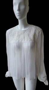 Free People Women's Ivory Blouse Boho Peasant Top Embroidered Sheer Size Medium 